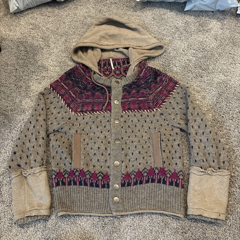 Free People Knit Boho Snap Sweater Cardigan Hoodie Wool Blend Birdseye Gray S